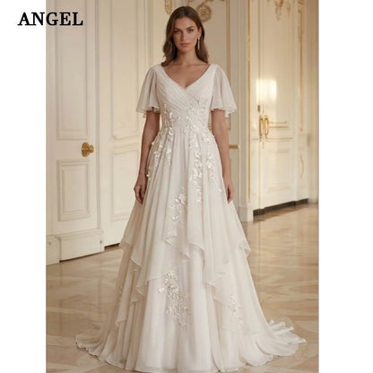 ANGEL Elegant Applique Wedding Dresses 2026 V-neck Long Bride Dress Short Sleeves Chiffon Bridal Gowns Vestidos De Novia Custom