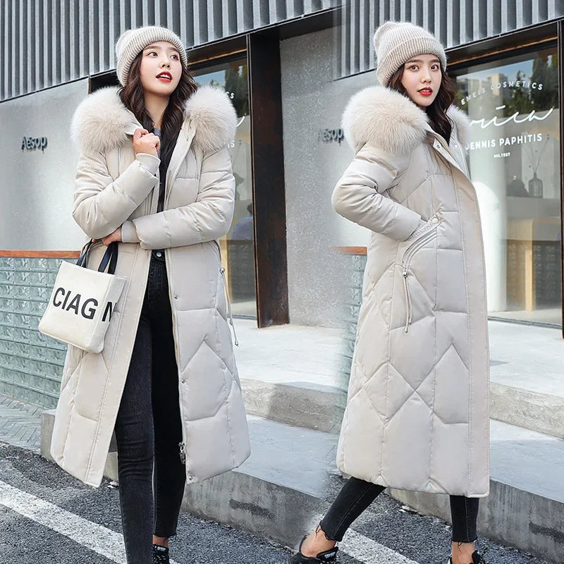 New Women's Winter Jacket 2026 Mid-length Fashion Slim Over Knee Fur Collar Thick Cotton Coat Elegant Gray Parka Woman Clothing