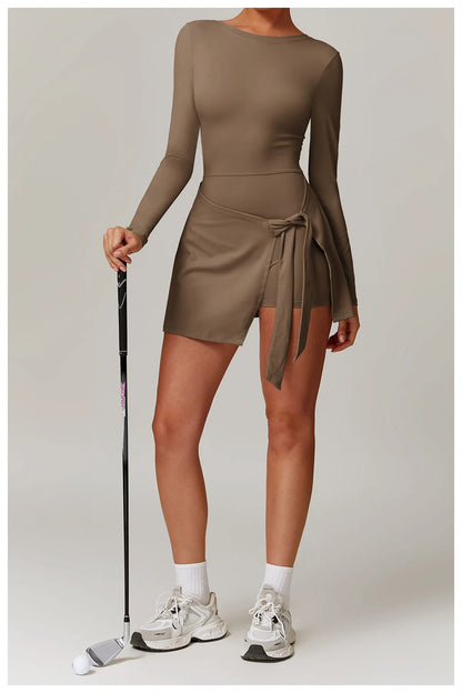 Romper Backless Set Long Sleeved Gym Sports Fitness Bodysuit Siamese Sportswear Women Clothes Jumpsuit Skirt Playsuit Yoga Suit