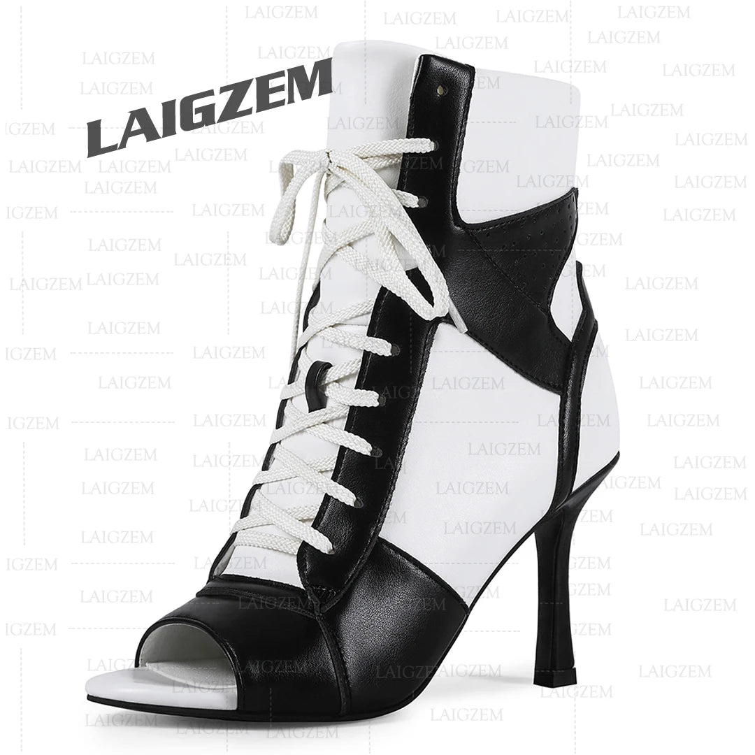 LAIGZEM Women Ankle Boots Patchwork Peep Toe Thin High Heels Boots Lace up Short Boos Ladies Handmade Shoes Woman Size 39 41 43