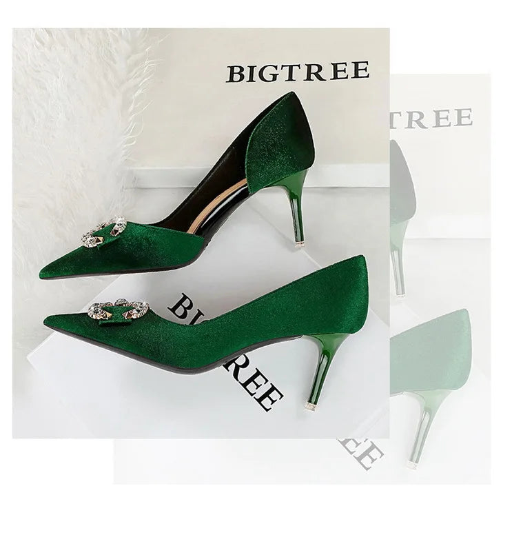 BIGTREE Party Pumps 7cm Thin High Heels Western Style Velvet Shallow Pointed Toe Side Hollow Crystal Pearl Bow Lady Shoes Pink