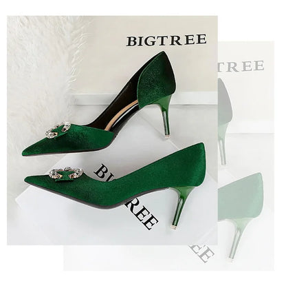 BIGTREE Party Pumps 7cm Thin High Heels Western Style Velvet Shallow Pointed Toe Side Hollow Crystal Pearl Bow Lady Shoes Pink