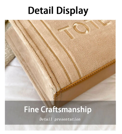 Women's Khaki Velour Tote Bag Original Letter Print Medium Ladies Shopper Handbag Female Square Medium Shoulder Bags