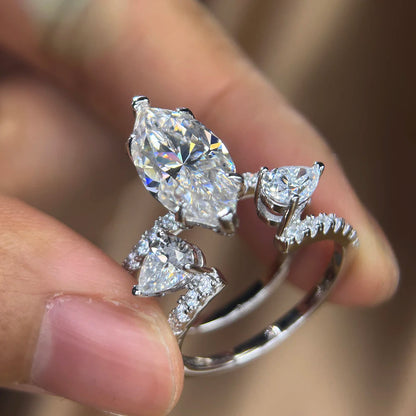 4CT Marquise Cut Moissanite Bridal Rings Set Lab Diamond Opening Engagement Ring Set for Women 925 Sterling Silver Eternity Band