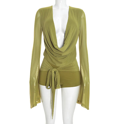 Chiffon Long Sleeve Sexy Slender Ladies Ruffle Neck Deep Back Bodysuit Three-Part Shorts