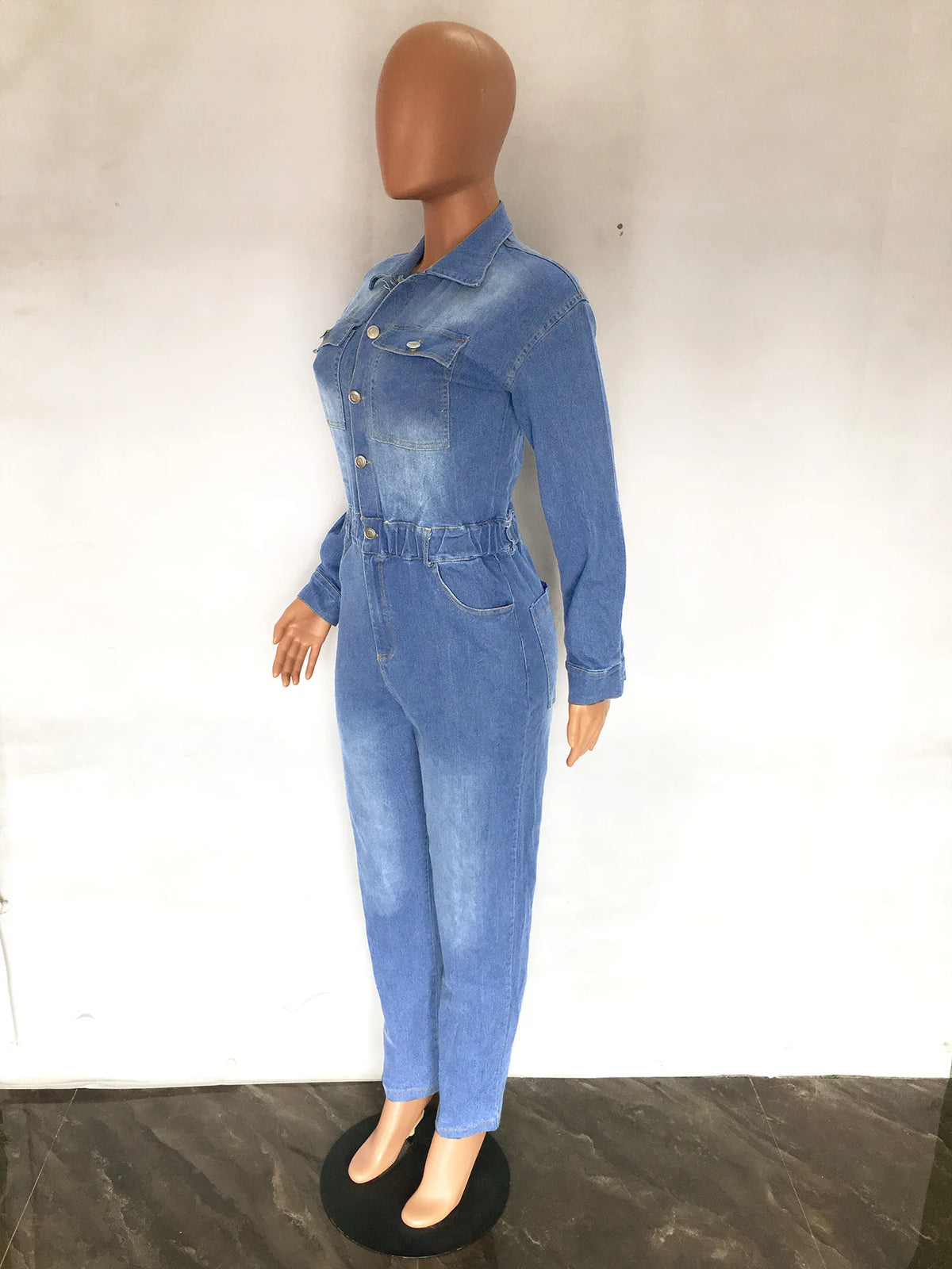 Women Autumn Turn Down Collar Loose One Piece Full Sleeve Tight High Waist Overalls Slim Denim Jumpsuits Long Pants Rompers