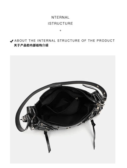 Women's Y2k Punk Vintage Shoulder Purse PU Leather Gothic Rivet Handbag Waist Bag Luxury Black Cross Body Bags with Spikes