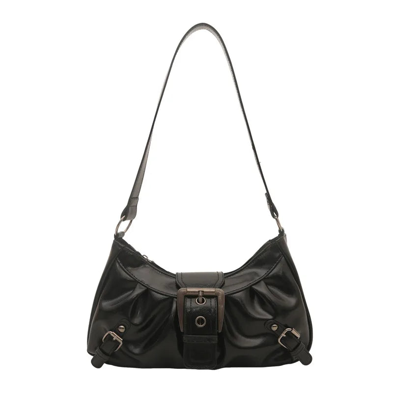 Fashion Pleated Lock Design Women's PU Shoulder Bags Simple Solid Color Ladies Underarm Bag Portable Cool Girls Phone Handbag