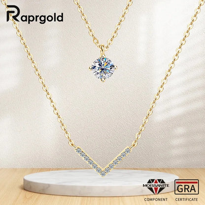 RAPRGOLD Certified Moissanite V-shape Pendant Double Necklaces Chains for Women S925 Sterling Silver Fine Jewelry Gifts Collares