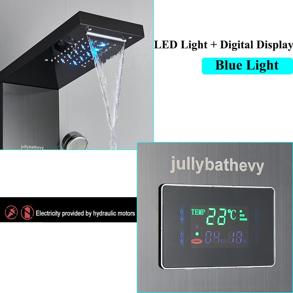 LED Shower Panel Tower System Rain Waterfall Shower Column With SPA Massage Temperature Screen athtub Water Mixer Tap Faucet Set