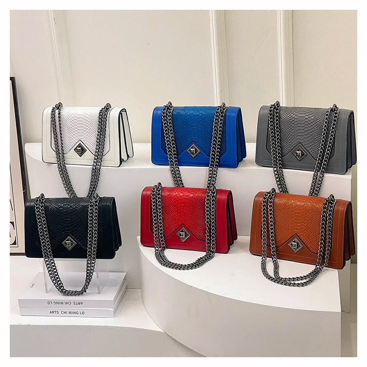 Leather Shoulder Bag Chain Purse for Women - Fashion Crossbody Bags Vintage Snake Print Underarm Bag Square Satchel Handbag