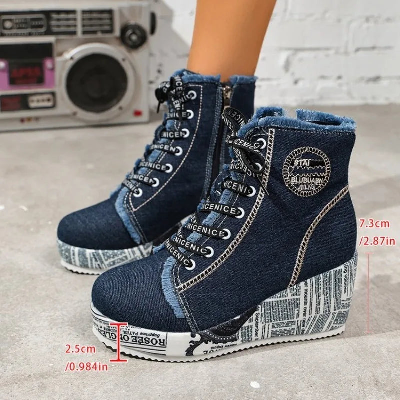 Women's Wedge Sneakers High Top Round Toe Denim-Look Lace-Up Side Zipper Letter Print Detail Casual Platform Ankle Boots 2026