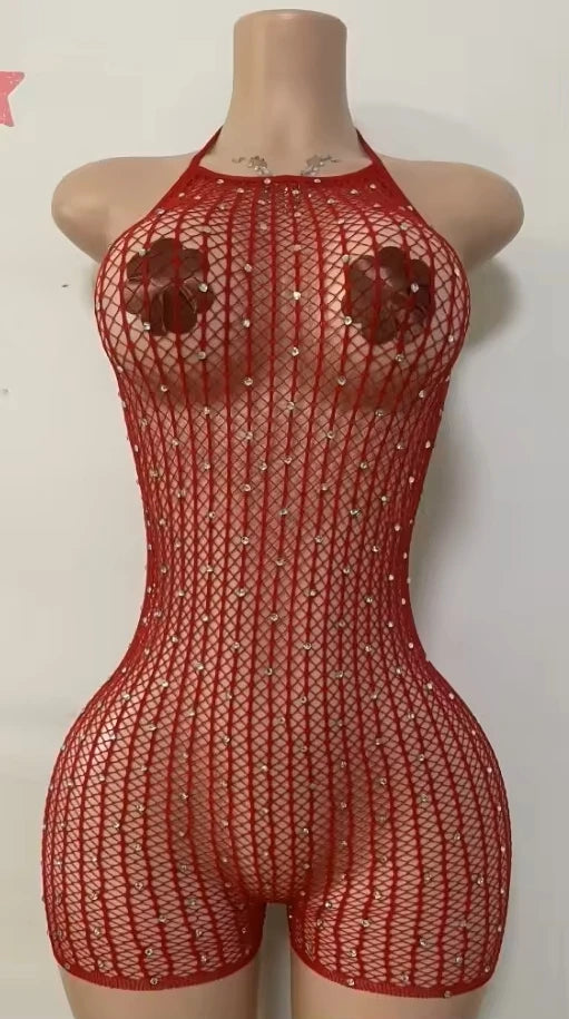 FAGADOER Sexy Hollow-out Rhinestone Patchwork Bodycon Rompers Woman Halter Sleeveless Backless Jumpsuits Female Party Clubwear