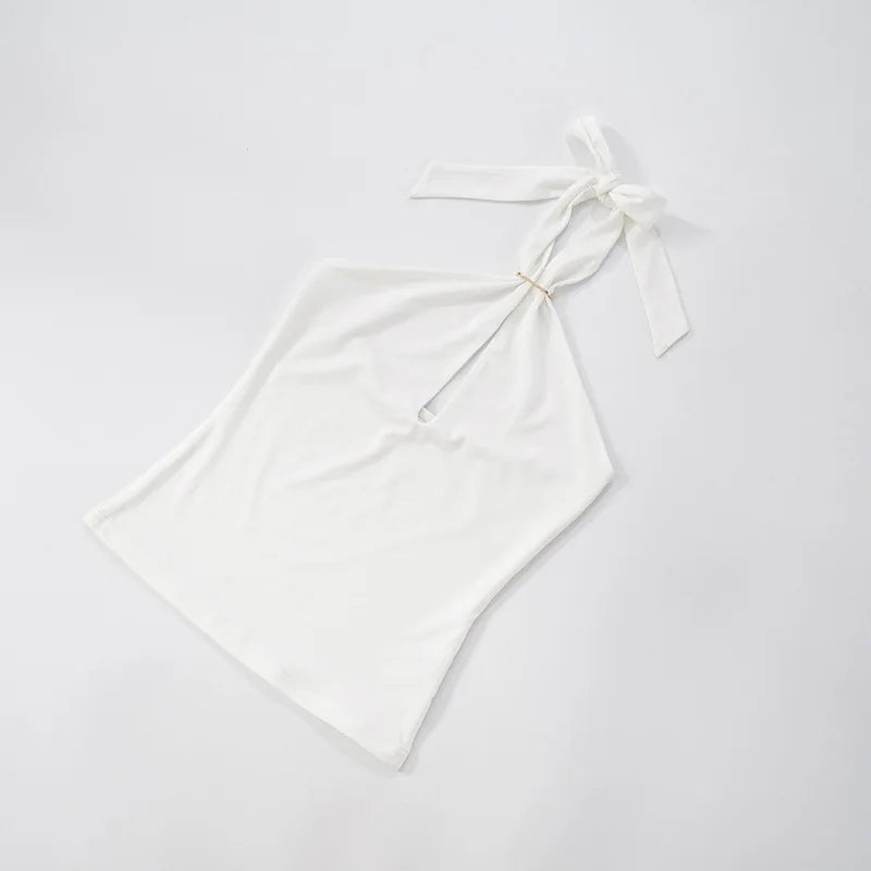 Women'S Solid Color Hanging Neck Tie Hollow Out Metal Ring Strapless Backless Tank Top Summer New Fashion Street Tank