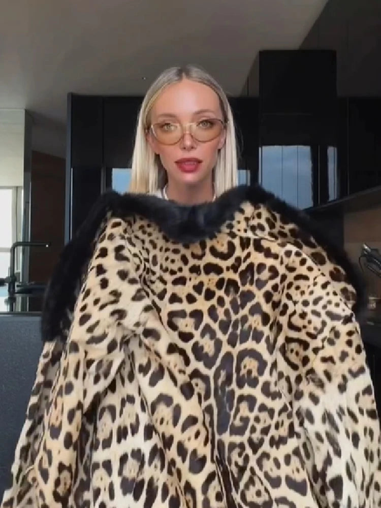 Vintage Leopard Print Coat Women Faux Fur Trim Collar Long Sleeve Loose Mid-length Warm Jacket Club Street Ladies Outerwear