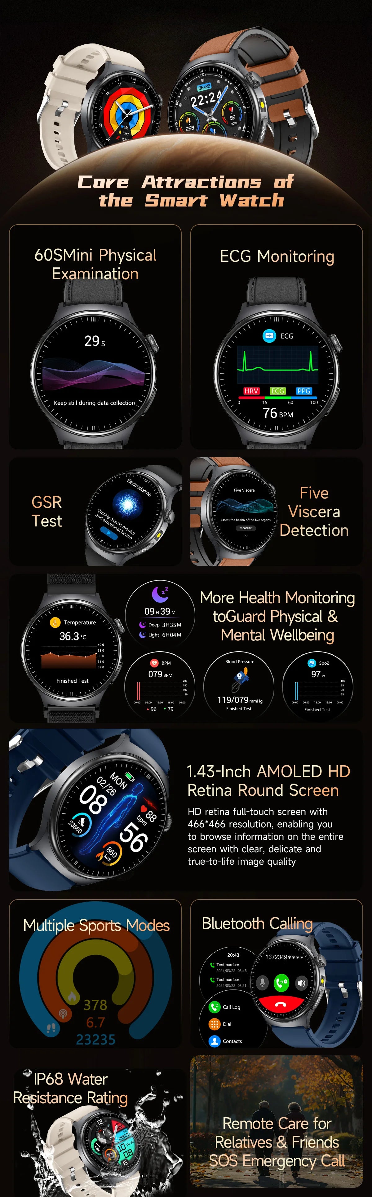 New Upgraded Heart Health Check Smart Watch Uric Acid Five Organ Examination Blood Pressure BT Call ECG smart watches Man 2026