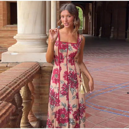 Women Printed V Neck Long Dress Flared Sleeve Lotus Leaf Edge High Waist Slim Fit Maxi Dresses Lady Elegant Evening Party Dress