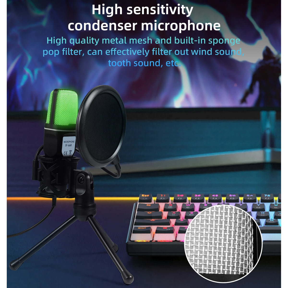 Computer Professional Gaming Condenser Microphone Karaoke Mic PC Laptop USB Wired Live Streaming Podcast Studio Mike Kit Gamer