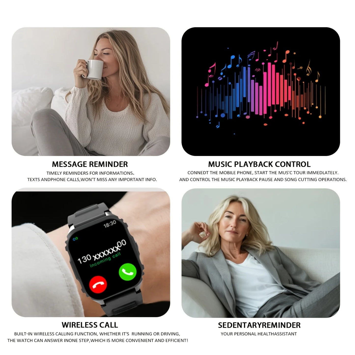 New Lightweight Casual Running Smart Watch, SMS Alerts, Wireless Calling, Changeable Watch Faces, Fitness Monitor, Music Playback, Weather Forecast,Suitable for Iphone & Android