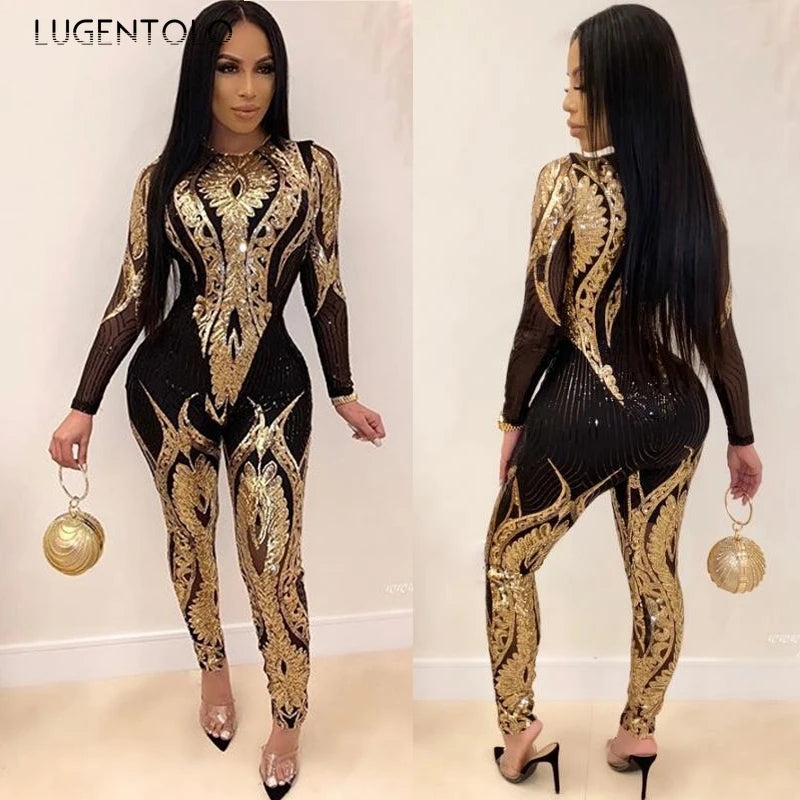 Sexy Gold Sequin Jumpsuit Women Bodycon Overalls Glitter Bandage Rompers Elegant Party Club lady Fashion Jumpsuits