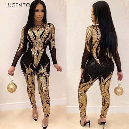 Sexy Gold Sequin Jumpsuit Women Bodycon Overalls Glitter Bandage Rompers Elegant Party Club lady Fashion Jumpsuits