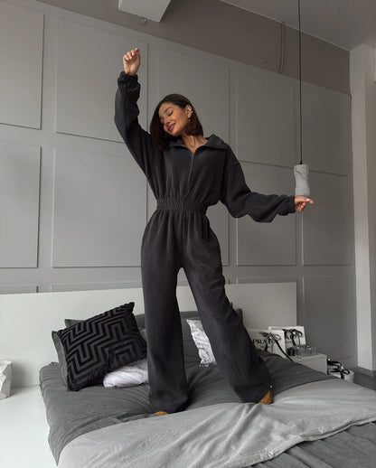 FSMG Casual Long Sleeve Half-Zip Sports Jumpsuits Women's Solid Loose Lapel Elastic Waist Tracksuits Comfy One-Piece Lounge Set
