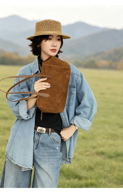 New Women's Natural Suede Leather long handle Shoulder Bag Luxury Designe Genuine Suede Leather Handbags Shopping Underarm Bag