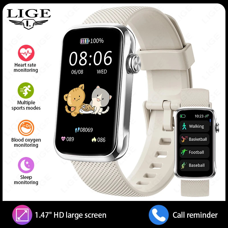 LIGE 1.47'' Smart Watch Women Men Smart Bracelet Heart Rate Step Count Sport Fitness Health Monitor Waterproof Smartwatch Ladies