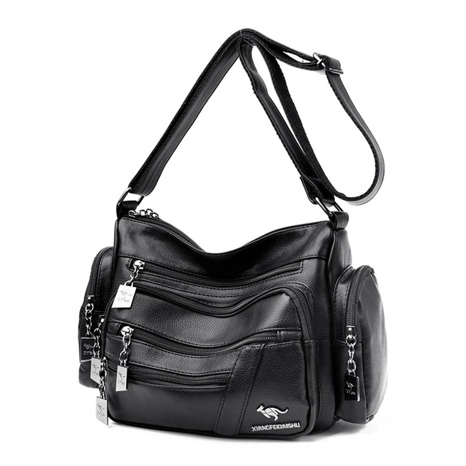 Many Pockets Women Leather Top-handle Bag Luxury Designer Female Shoulder Messenger Shopper Bags Brand Ladies Crossbody Handbags