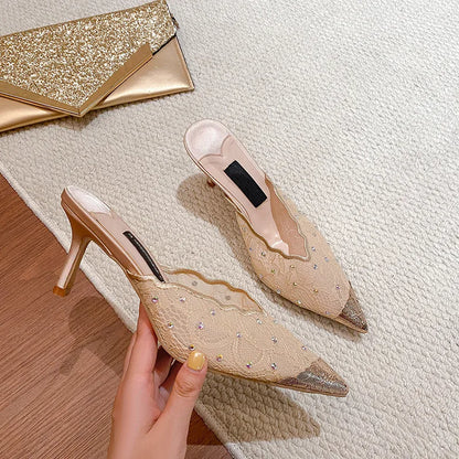 Luxury Rhinestones Mesh Lace Women Pumps Sandals Summer Elegant Pointed Toe 8cm Thin High Heels Mulse Sides  Fashion Party Shoes