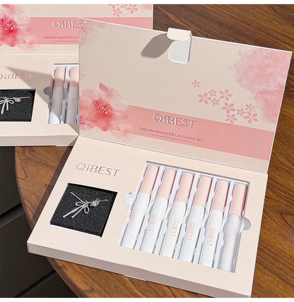 QIBEST 6Pcs/Box Matte Lipstick Sets And Mirror Watery Lip Glaze Lasting Lip Makeup Sets Moisturizing Lipgloss Necklace Gift