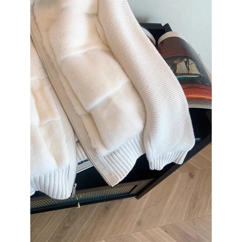 Women's Winter Coat 2025 New Fashion Faux Mink Fur Patchwork Knitted Jacket Female Short Style Warm Cotton-padded Outerwear