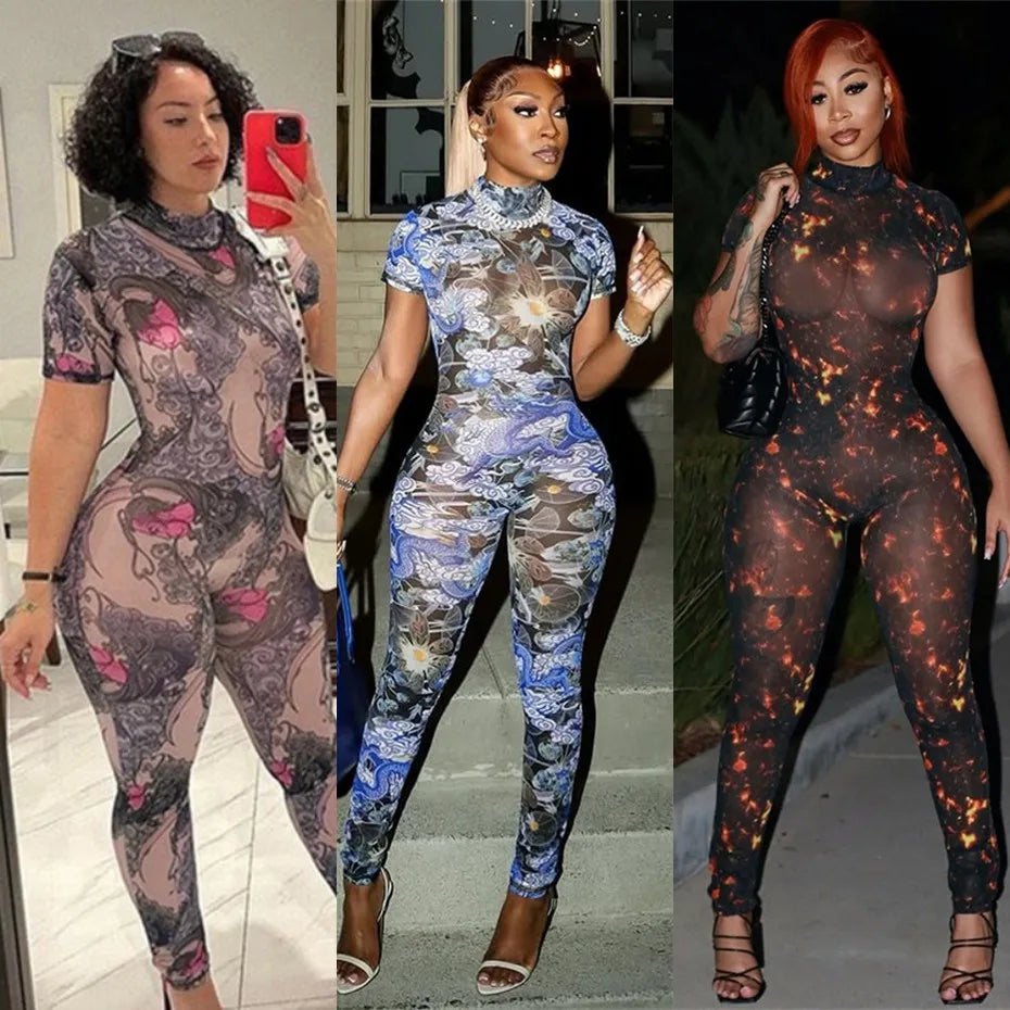 10 Wholesale Items Jumpsuits Women Summer 2025 Short Sleeve Bodycon Sexy Y2k Printing Mesh See Through Backless Rompers K15151