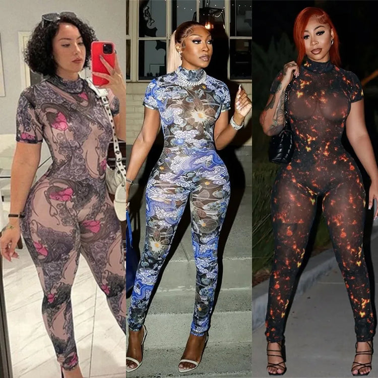 10 Wholesale Items Jumpsuits Women Summer 2025 Short Sleeve Bodycon Sexy Y2k Printing Mesh See Through Backless Rompers K15151