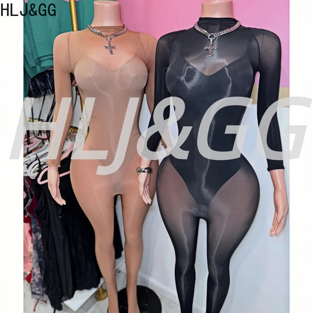 HLJ&GG Sexy Mesh See Through Bodycon Jumpsuits And Bodysuits Suits Women Long Sleeve Stretchy Playsuits Party Night Club Overall