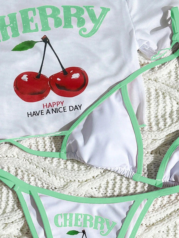 Cute Halter Bikini 3 Pieces Cherry Print 2026 Sexy & Fresh Feeling Bathing Suit Three-Piece Swimsuit Dark Blue Beach Swimwear