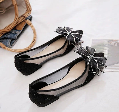 Women's Flat Mesh Shoes Diamond with Bow Pointed Toe Ladies Footwear Casual Non Slip Luxury Brand Elegant and Fashionable Y2k On