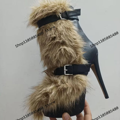 2025 Winter Fur Warm Fashion Boots Pointed Toe Super High Heel Thin Heels Catwalk Ankle Boots Strap Black Boot 44