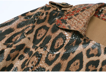 2102 High-quality Spring And Autumn Snake Skin Leopard Print Long Sleeved Leather Belt Temperament Coat Women's Trench Coat