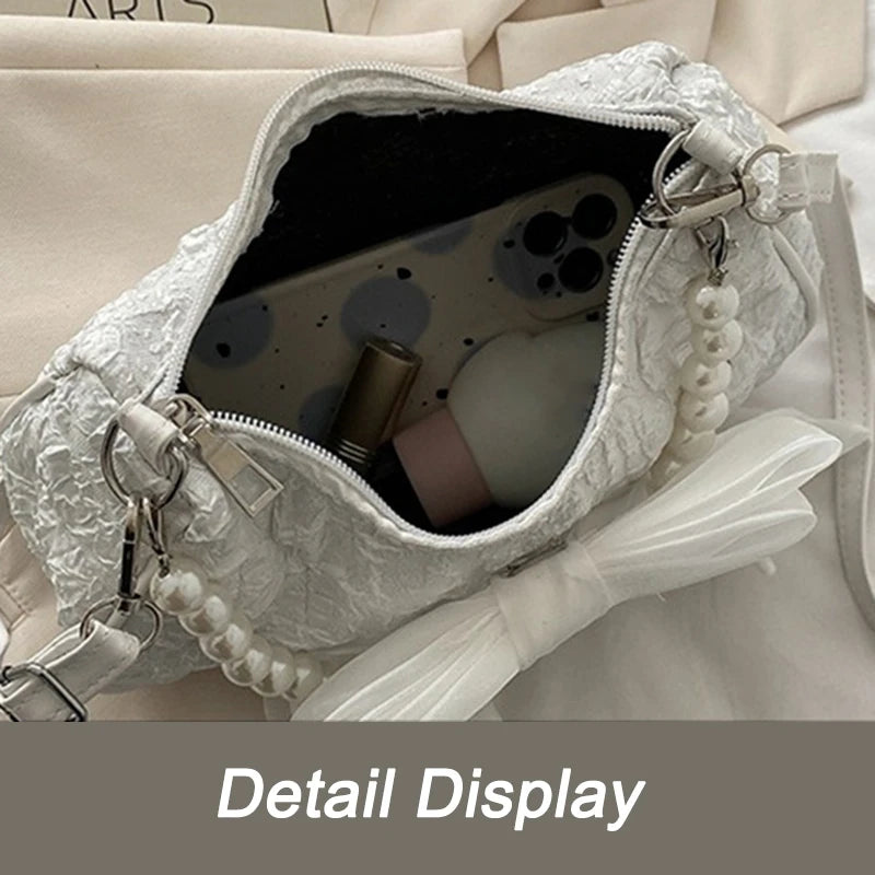 White Folds Pearl Female Bag Retro Luxury Designer Handbag Bow Crossbody Bags Fashion Y2K Vintage Women's Shoulder Bag Purses