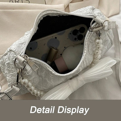 White Folds Pearl Female Bag Retro Luxury Designer Handbag Bow Crossbody Bags Fashion Y2K Vintage Women's Shoulder Bag Purses