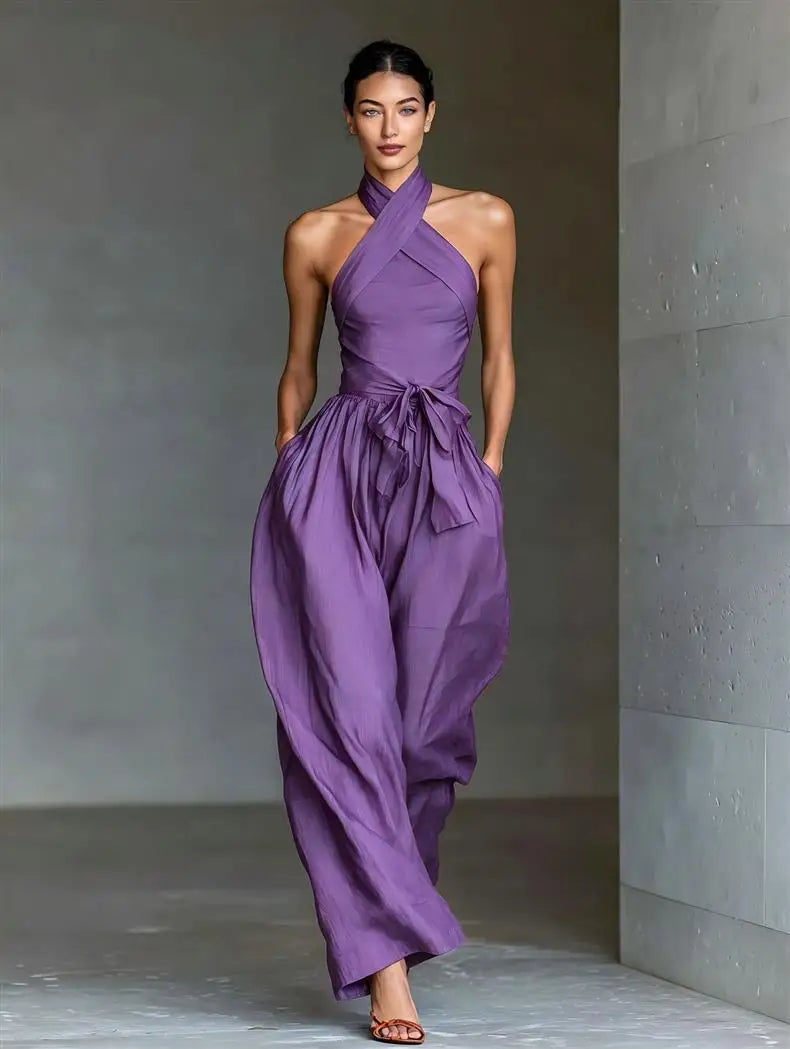 2026 High Waist Tie-up Wide Leg Pants Jumpsuit Woman Sexy Criss Cross Halter Backless Zips Romper Summer Solid Office Overalls