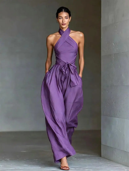 2026 High Waist Tie-up Wide Leg Pants Jumpsuit Woman Sexy Criss Cross Halter Backless Zips Romper Summer Solid Office Overalls