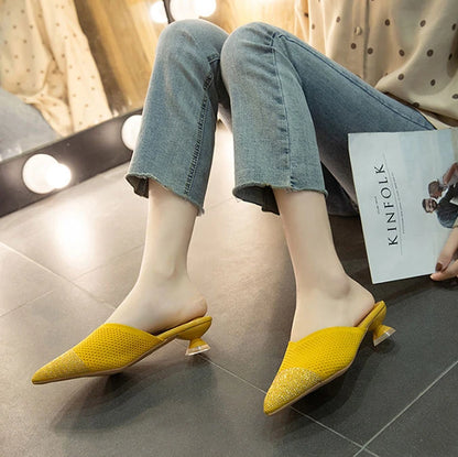 Elegant Medium Heel Women's Mules Shoes Women Designer Rhinestone Luxury Party Slippers Summer New 2025 Sandals Fashion Slipper