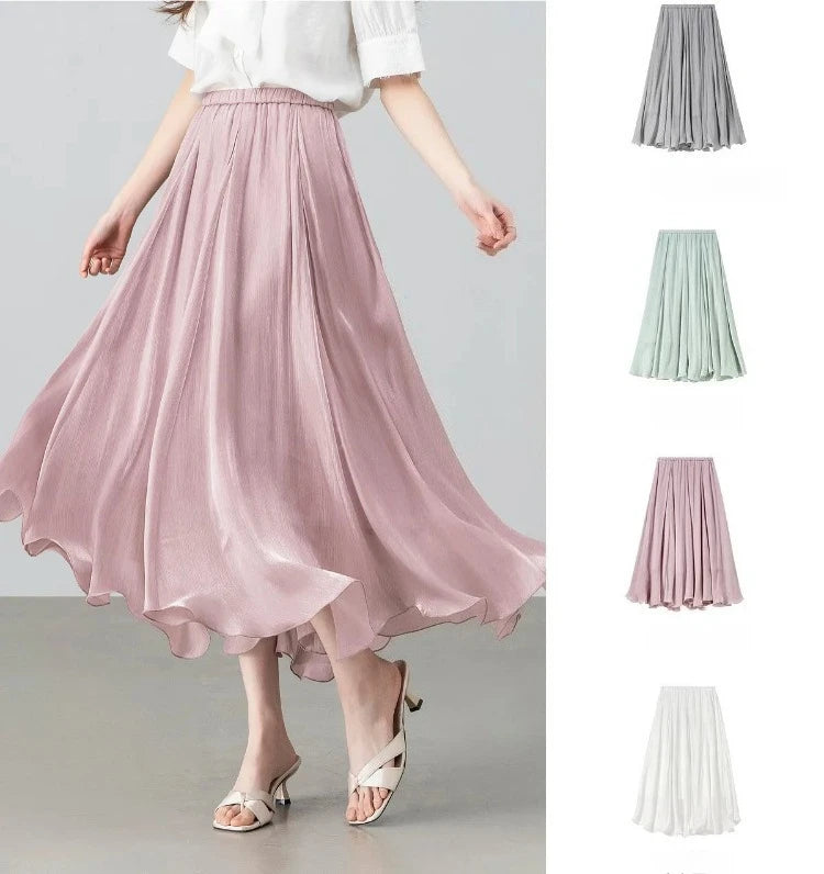 SENTUBILA Women's Summer Skirt 2026 Elegant Elastic Waist Sheen Flowy A Line Long Skirt for Woman Ladies Clothes 162QG4909