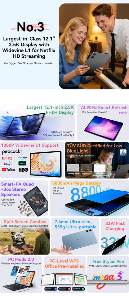 Blackview MEGA 3 Tablet PC 12.1' 2.5K FHD+ Display MTK G100 Octa Core 12GB 256GB 8800mAh 50MP Camera 33W Charger Android 15 Pad