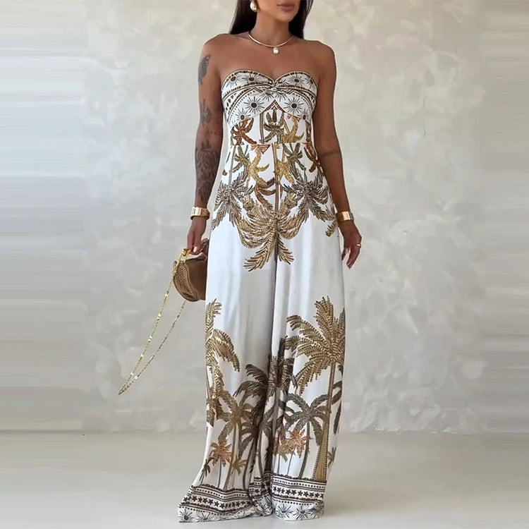 Summer Hollow Off Shoulder Overalls Spring Pattern Print Wide Leg Pants Jumpsuits Sexy Strapless Backless Lace-up Women's Romper