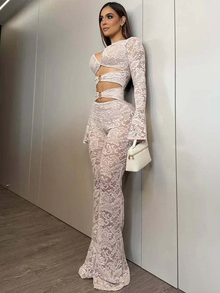Nibber See Through Jumpsuits Woman Metal Rings Patchwork Hollow Design Sexy Full Sleeve Midnight Club Party Wild Style Overalls