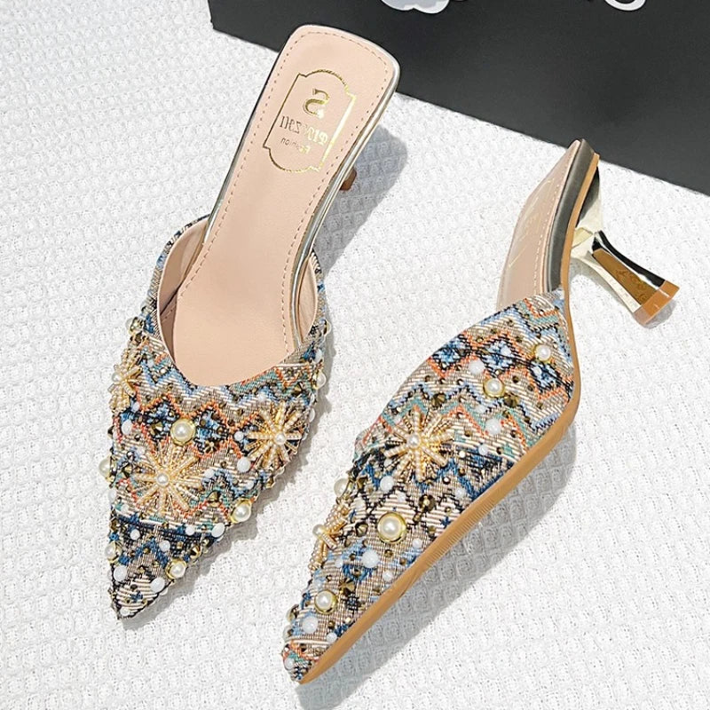 Luxury String Bead Decoration Design Brand High Heel Slippers Women Shiny Rhinestone Slide Sandals Elegant Wedding Bridal Shoes