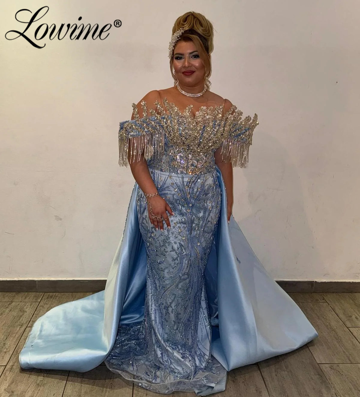 Two Pieces Blue Tassels Beading Crystals Long Overskirt Prom Dresses Arabic Women's Formal Off Shoulder Evening Gown Customized